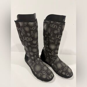 UGG Tall Logo Denim Button Boots Women 8 Black Gray Sheepskin Winter